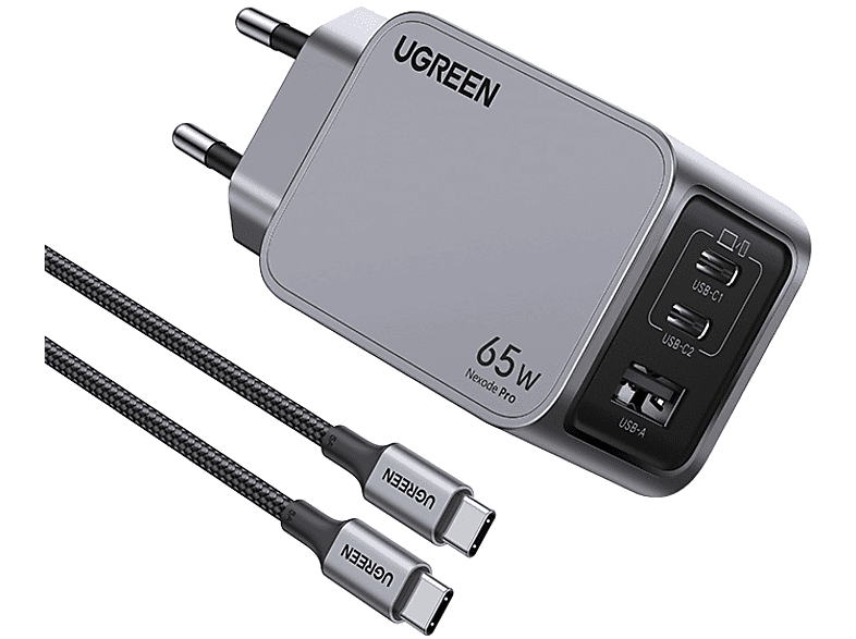UGREEN Nexode Pro 65W GaN Hızlı Şarj Cihazı Type-C QC PD 2xUSB-C, 1xUSB-A, 1.5M 100W Kablo Dahil, Uzay Grisi, 25871