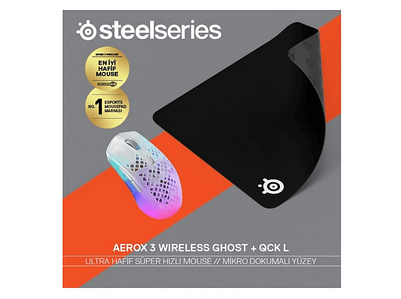 STEELSERIES Aerox 3 Wireless Ghost Edition Gaming Mouse + Qck Large Mousepad Bundle