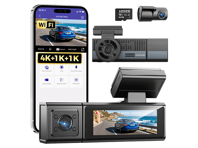 AZDOME M500 3 Kameralı 150 ° Görüş Açışı 4K Ultra HD Gece Görüşlü WiFi GPS Araç İçi Kamera
