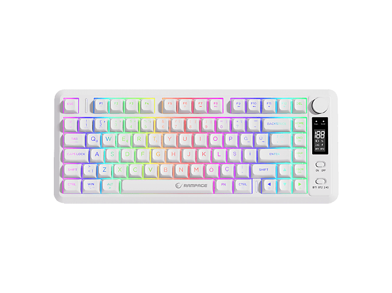 RAMPAGE RM-K87 Zeron Beyaz 2.4G + BT Wireless RGB Aydınlatmalı Q 75 Membrane Gaming Oyuncu Klavye