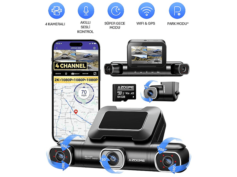 AZDOME M660 Dört Kameralı 150 ° Görüş Açışı 4K Ultra HD Gece Görüşlü WiFi GPS 5G Araç İçi Kamera