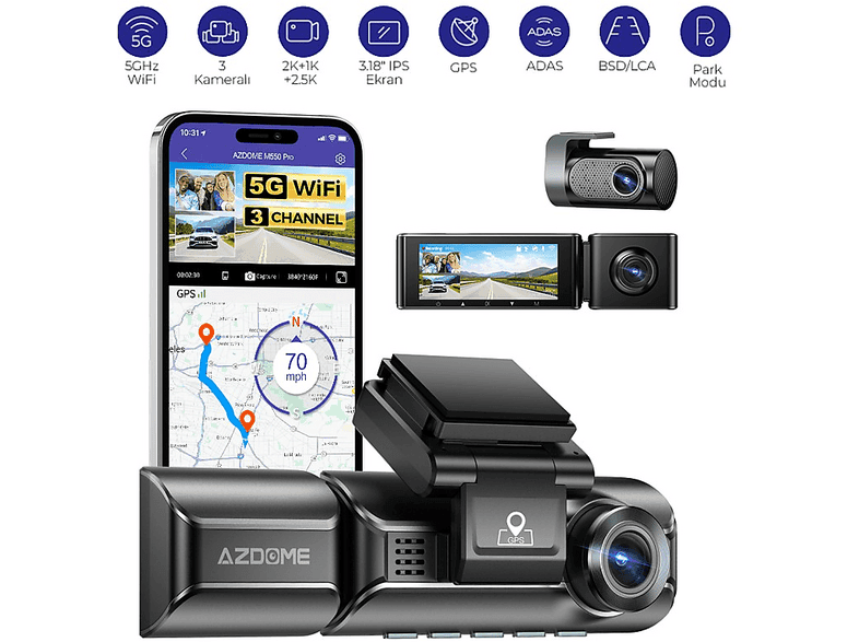 AZDOME M550 Pro 3 Kameralı 150 ° Görüş Açışı 4K Ultra HD Gece Görüşlü WiFi Araç İçi Kamera