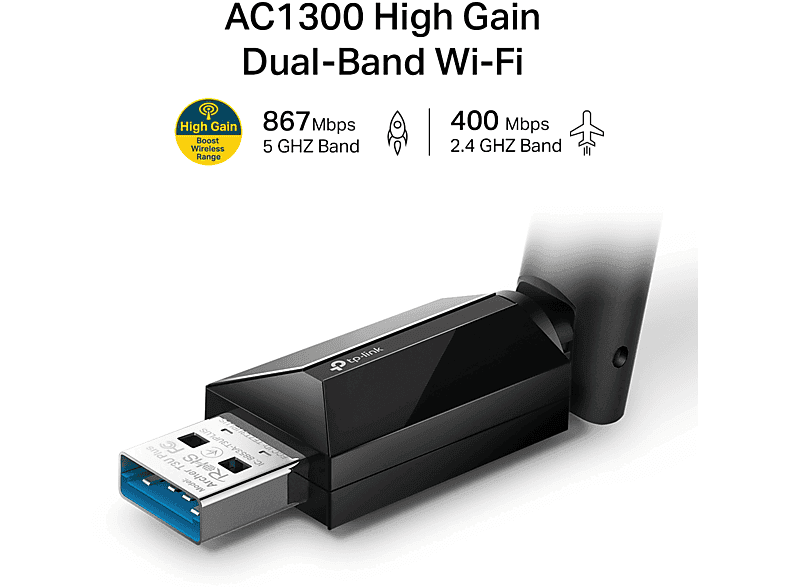 TP-LINK Archer T3U Plus | Wi-Fi 5 USB Adaptör | AC1300 Mbps | Dual Band | MU-MIMO | Yüksek Çekim | Windows & macOS | Kolay Kurulum