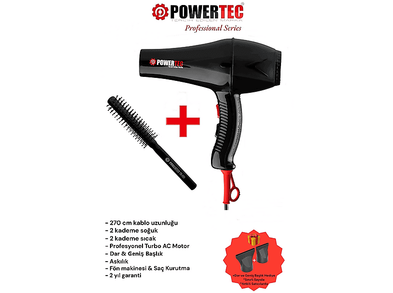 POWERTEC Berber Fön Fırçası + TR-901 Turbo Profosyonel 2500 W Saç Kurutma Makinesi Siyah