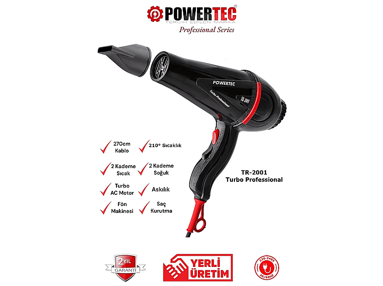 POWERTEC TR-2001 Profesyonel 2500 W Saç Kurutma & Fön Makinesi Siyah