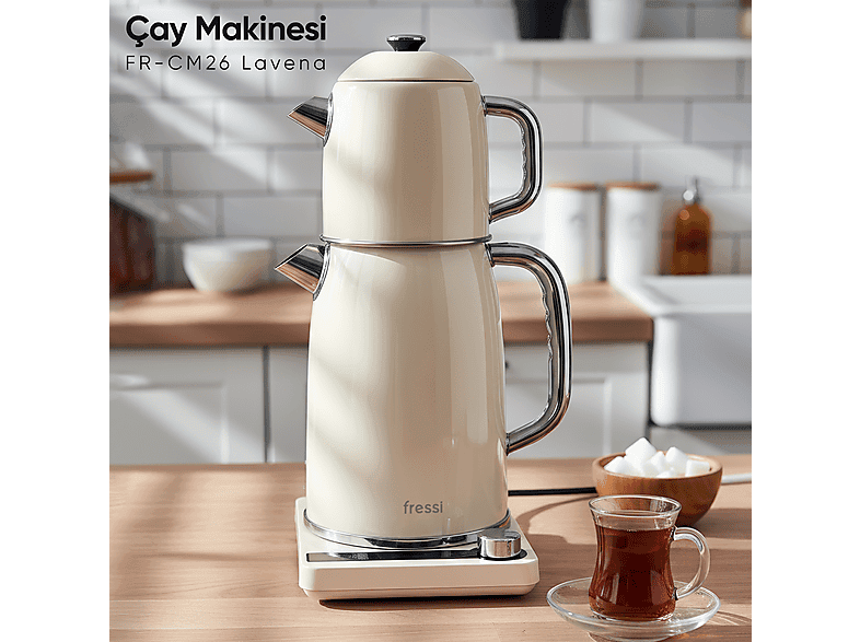 FRESSI FR-CM26 Lavena Dijital Standlı Çelik 2'si 1 Arada Su Isıtıcısı Çay Makinesi Krem