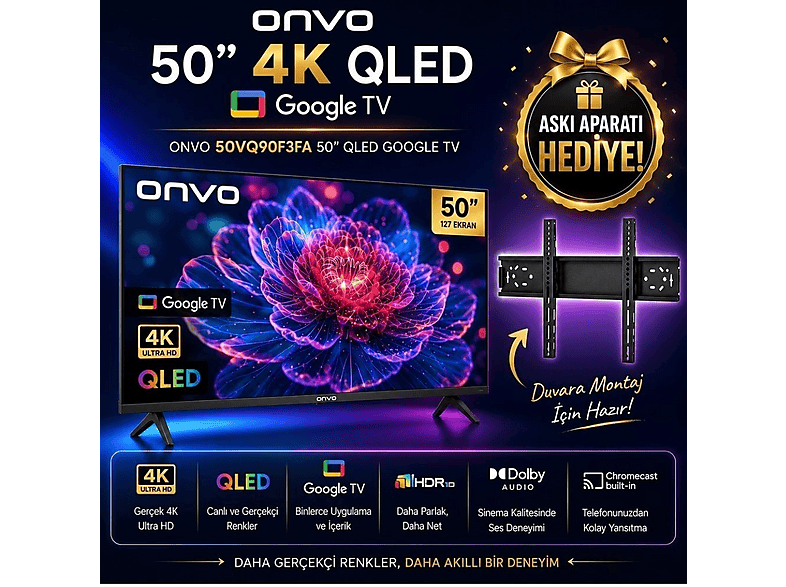 ONVO 50VQ90F3UA Uydu Alıcılı Google Smart 50 inç 127 cm 4K UHD QLED TV