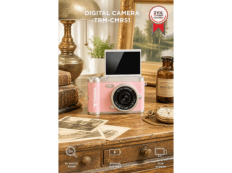 TORIMA CMR51 Mini Dijital Retro Kamera 48MP 8X Zoom Flip Ekranlı Selfie Video Vlog Kamerası Pembe