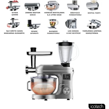 Icotech SM50 Gümüş LED Ekranlı Hamur Mayalama Kıyma Çekme Blender 2000W 6,5 Litre Stand Mikser