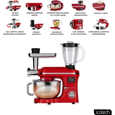 Icotech SM50 Kırmızı LED Ekranlı Hamur Mayalama Kıyma Çekme Blender 2000W 6,5 Litre Stand Mikser
