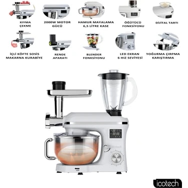 Icotech SM50 Beyaz LED Ekranlı Hamur Mayalama Kıyma Çekme Blender 2000W 6,5 Litre Stand Mikser