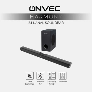 Onvec Harmony 2.1 Kanal Soundbar Bluetooth 5.3 HDMI Arc USB Optik Girişli Kablolu Subwoofer Ev