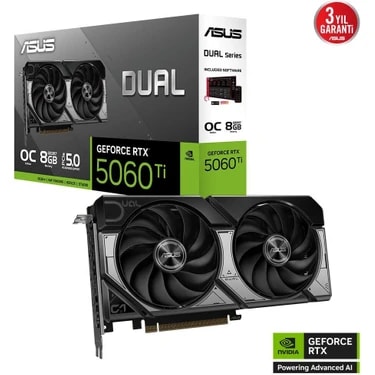 ASUS DUAL-RTX5060TI-O8G-NVIDIA-GEFORCE-RTX 5060 TI-8G-8GB GDDR7-128bit--OC-HDMI-3xDP-DLSS4 EKRAN