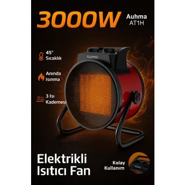 Auhma AT1H Elektrikli Isıtıcı Fan Kırmızı | 3000W Hızlı Isınma, 3 Kademeli Ayar, Sessiz Ptc Isıtma