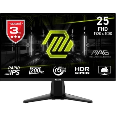 Msı 24.5" Mag 255F E20 1920X1080 (Fhd) 16:9 Flat Rapıd IPS 200HZ 0.5ms (Gtg) Freesync Premıum