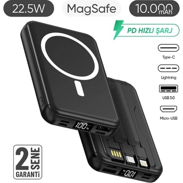Enkado 10.000 mAh Kablosuz Hızlı Şarjlı Magsafe Powerbank 22.5W Çıkış Gücü ile Taşınabilir LED