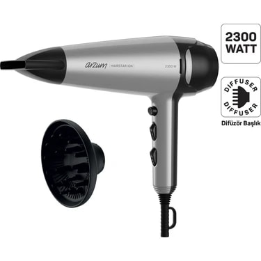 Arzum Hairstar AR5119 Ion Gri Saç Kurutma Makinesi 2300 W Güçlü Motor 2 Kademe Hız Ayarı ve Difüzör