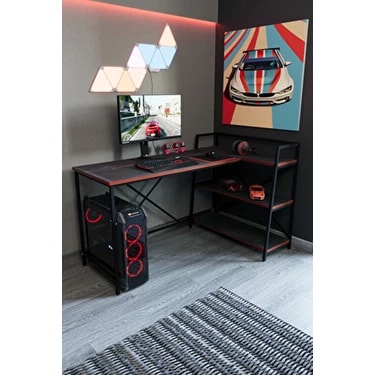 Flinder Siyah Raflı Çift Yöne Uygun Oyuncu Masası 150 cm Derinlik 90 cm Modern Metal