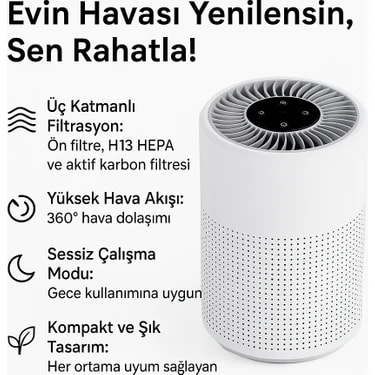 Üç Katmanlı H13 Hepa Filtreli Sessiz Kompakt Hava Temizleyici – Aktif Karbon