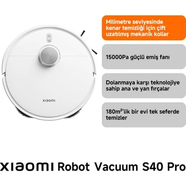 Xiaomi Robot Vacuum S40 Pro Akıllı Robot Süpürge ve Mop 15.000 Pa Beyaz (Xiaomi TR