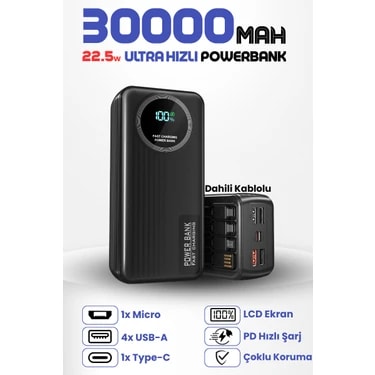 Enshall 30.000 Mah 22.5W Hızlı Şarj Destekli Dahili Kablolu Taşınabilir Batarya