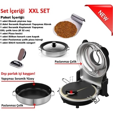 Eratec Elektrikli Pizza Taş Fırını Set PM-27 XXL Komple Set 10-20 lt Siyah-Gri Paslanmaz Çelik