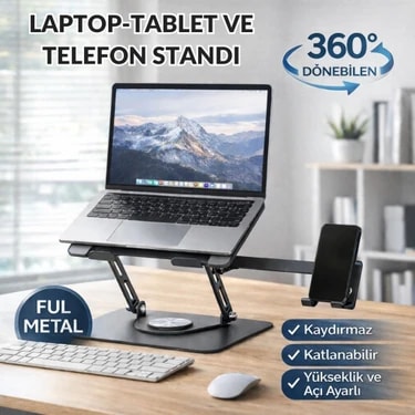 Polham 360 Dönebilen Full Metal Laptop Tablet Telefon Standı – Katlanabilir, Kaydırmaz, Yükseklik