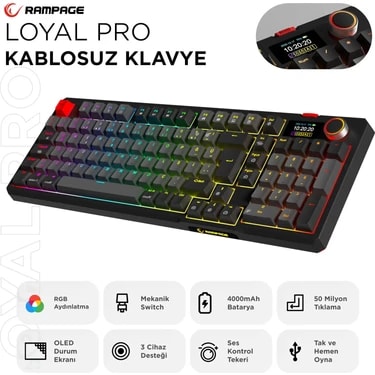 Rampage Loyal Pro Gri/siyah 3 Bt + 2.4 IPS Ekranlı Red Switch Rgb Mekanik Kablosuz