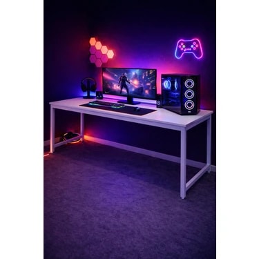 Flinder Beyaz Oyuncu Masası 160X60, Bilgisayar Masası, Gamer Masası, Gaming Masa, Metal