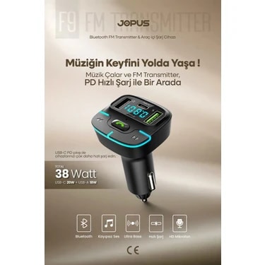 Jopus Bluetooth FM Transmitter Araç Kiti, Hızlı Şarj,USB, Type-C, HD Mikrofon