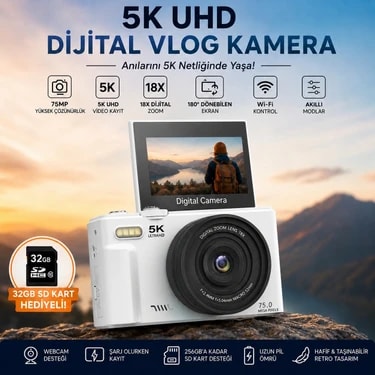 Robeve 5k UHD 75MP Fotoğraf Makinesi Dijital Vlog Kamera – 18X Dijital Zoom, 180° Dönebilen IPS