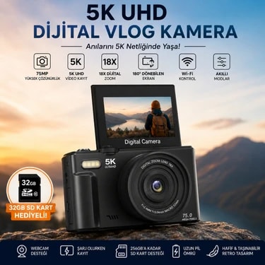 Robeve 5k UHD 75MP Fotoğraf Makinesi Dijital Vlog Kamera – 18X Dijital Zoom, 180° Dönebilen IPS