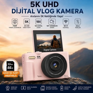 Robeve 5k UHD 75MP Fotoğraf Makinesi Dijital Vlog Kamera – 18X Dijital Zoom, 180° Dönebilen IPS