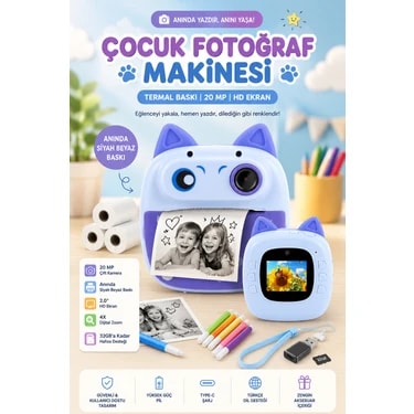 Robeve Çocuk Fotoğraf Makinesi Anında Termal Baskılı – 20 Mp Çift Kameralı, 2.0” Hd Ekranlı, Siyah