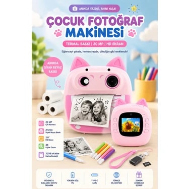 Robeve Çocuk Fotoğraf Makinesi Anında Termal Baskılı – 20 Mp Çift Kameralı, 2.0” Hd Ekranlı, Siyah