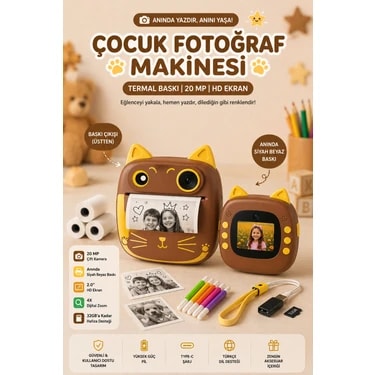 Robeve Çocuk Fotoğraf Makinesi Anında Termal Baskılı – 20 Mp Çift Kameralı, 2.0” Hd Ekranlı, Siyah