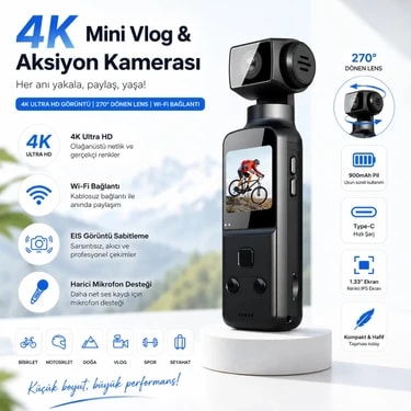 Tarçın 4K Ultra Hd Mini Aksiyon Kamerası | Wi-Fi , 270° Döner Lens, Eıs