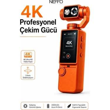 Neffo 4K Hd Taşınabilir Vlog Spor ve Aksiyon Kamerası 2.0" Döndürülebilir IPS Ekran Gimbal