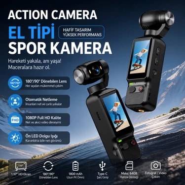 Azurtech LK-032 El Tipi Mini Gimbal Spor Kamera 1080P Hd Vlog Kamerası Döner Lensli Action
