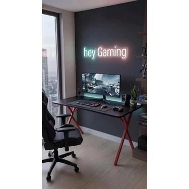 Hey Modüler Mobilya 120 cm Gaming Profesyonel Oyuncu Masası Siyah Tabla, Kırmızı Metal Ayaklı Hey