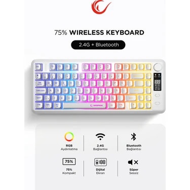 Rampage RM-K87 Zeron Beyaz Kablosuz Rgb Oyuncu Klavyesi 2.4g + Bluetooth 75% Q Türkçe Gaming