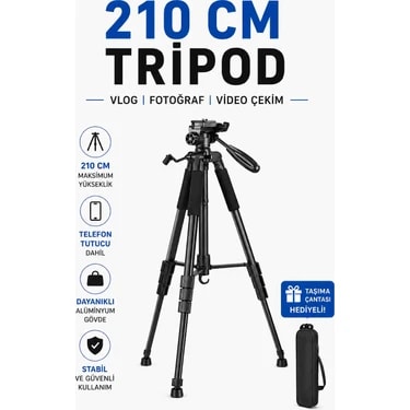 Moxti Profesyonel Kamera 210 Cm Çantalı Tripot Telefon Tutucu 2metre Vlog Video Çekim Tripodu