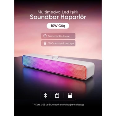 Mikado MD-SBT31 Beyaz 5W*2 1200MAH Bt,rgb,tf Card,type-C ,usb Soundbar