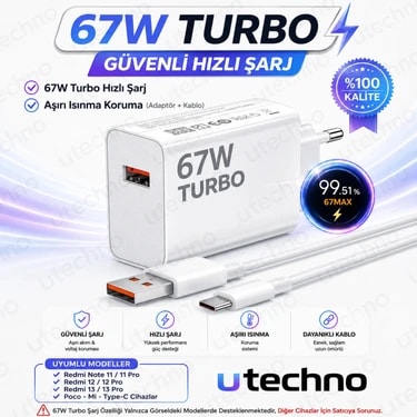 utechno Type-C 67 Watt Turbo Hızlı Şarj Aleti Adaptör+Kablo(Set) 67W (Watt) Xiaomi Redmi Note