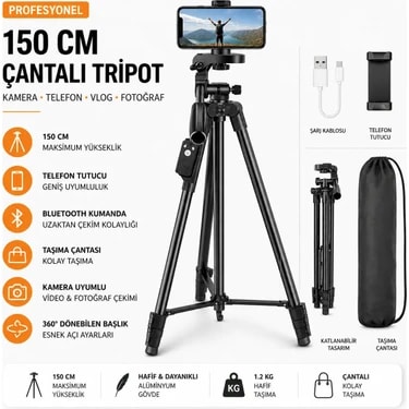 Moxti Profesyonel Kamera 150 cm Çantalı Tripot Telefon Tutucu Bluetooth Kumandalı Vlog Video Çekim