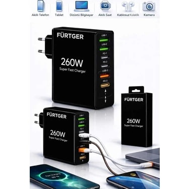 Fürtger German 260W 3 Type-C + 3 Usb-A Toplam 6 Çıkışlı Süper Hızlı Şarj