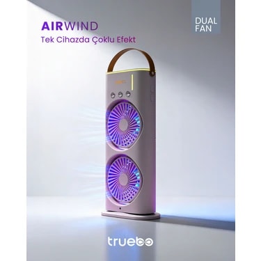 Truebo AirWind - Masaüstü Buhar Püskürtmeli Taşınabilir Şarjlı Led Işıklı Çift Fanlı