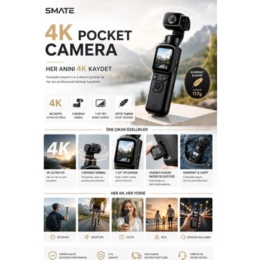Smate 4K Pocket Camera Profesyonel Vlog Kamerası | Gimbal Özellikli Titreşim Önleyici | Otomatik
