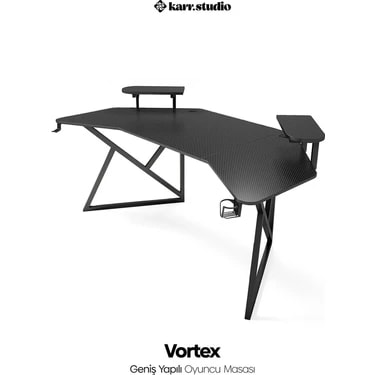 Karr Gaming Vortex 25mm Kanatlı Oyuncu Masası | Siyah Karbon Fiber Kaplama | Raflı Oyuncu