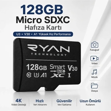 Ryan 128GB Micro Sd Hafıza Kartı U3 V30 A1 Sdxc 4K Video Destekli Yüksek Hızlı Telefon Kamera Drone